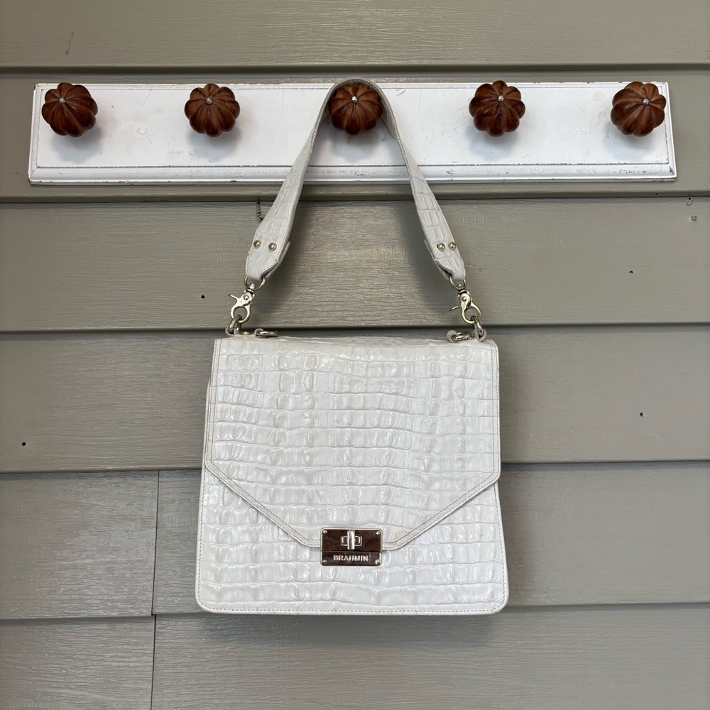 Brahmin White Crocodile-Embossed Shoulder Bag